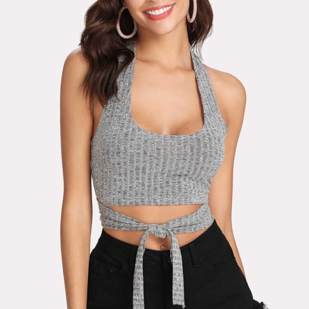 Rubbed heathered knit cropped halter top